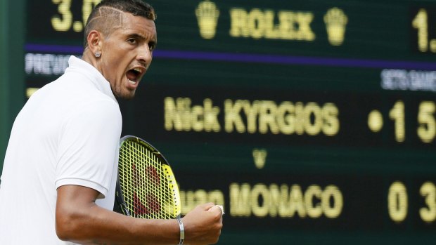 Speaking out: Nick Kyrgios celebrates a shot on his way to beating Juan Monaco of Argentina.