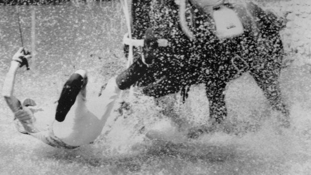 Stayer: Scott Keach takes a tumble off Trade Comission during a cross country event in 1988.