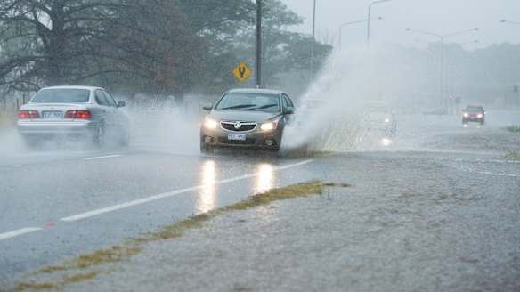 Heavy rain on Fairbairn Ave on Sunday. 