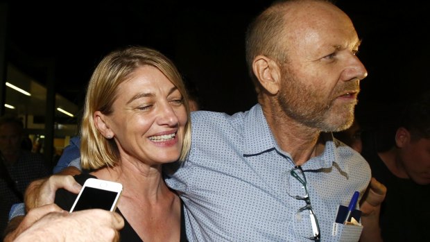 Tara Brown and sacked producer Stephen Rice on their return to Sydney, after being released from a Lebanese jail. 