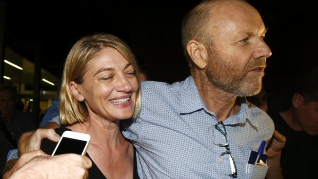 Tara Brown and sacked producer Stephen Rice on their return to Sydney, after being released from a Lebanese jail. 