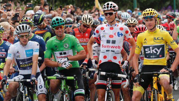 The big four: White jersey Simon Yates, green jersey Michael Matthews, King of the Mountains Warren Barguil, and yellow jersey Chris Froome on the start line in Montgeron on Sunday.