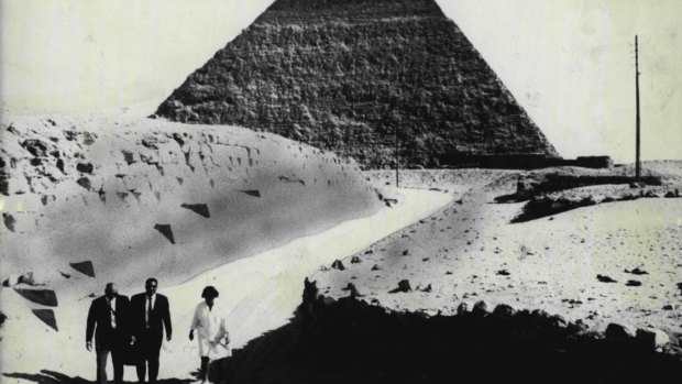 A team of archaeologists outside the ancient pyramid of Chephren at Giza in 1969. 