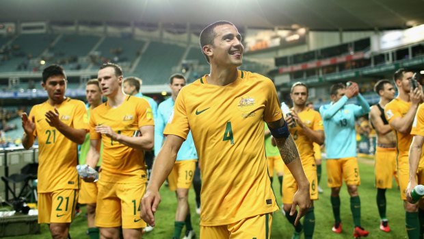 Road to Russia: The Socceroos thank fans after defeating Jordan 5-1 to top their qualifying group last month.