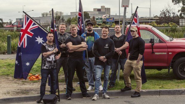 Members of the United Patriots Front, including Neil Erikson (middle), will take their anti-Islam fight to Bendigo on Saturday.  
