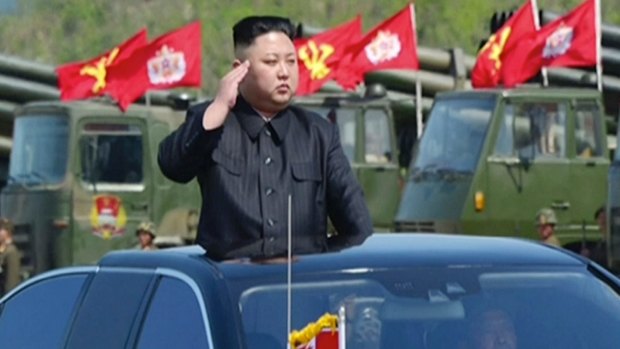 Kim Jong-un at a "combined fire demonstration" held to celebrate the 85th anniversary of the North Korean army.