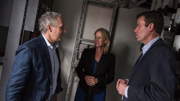 (Left to right) Telstra chief executive Andrew Penn, Minister for Regional Communications Senator Fiona Nash, and Minister for Veterans' Affairs and Member for Wannon Dan Tehan.