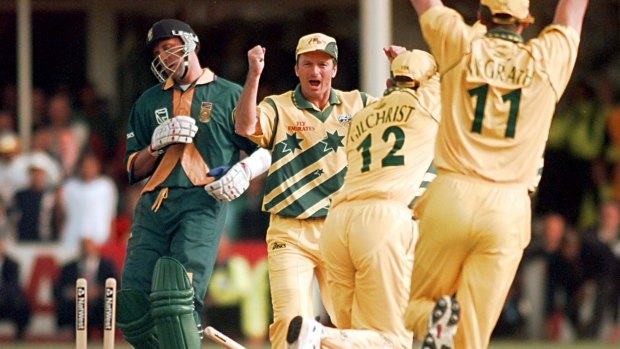 Heart-breaker: Australia's captain Steve Waugh, centre, celebrates as South Africa's Allan Donald is run out after leaving his bat behind during a mix-up between himself and Lance Klusener with one run to win the semi-final at Edgbaston in 1999.