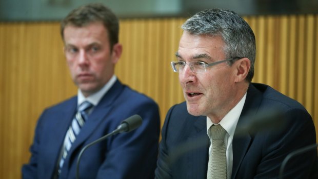 Liberal MP Dan Tehan and shadow attorney-general Mark Dreyfus at the hearing on the Counter-Terrorism Legistlation Amendment Bill before the parliamentary joint committee on Intelligence and security on Monday.
