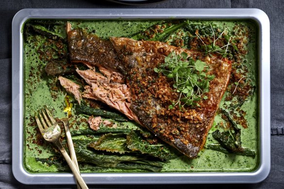 One tray baked fish and creamed greens. 