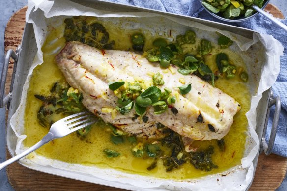 Baked fish with saffron butter, lemon and green olive salsa.