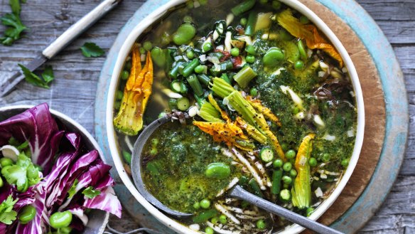 Neil Perry's spring minestrone uses broad beans, zucchini flowers and asparagus.