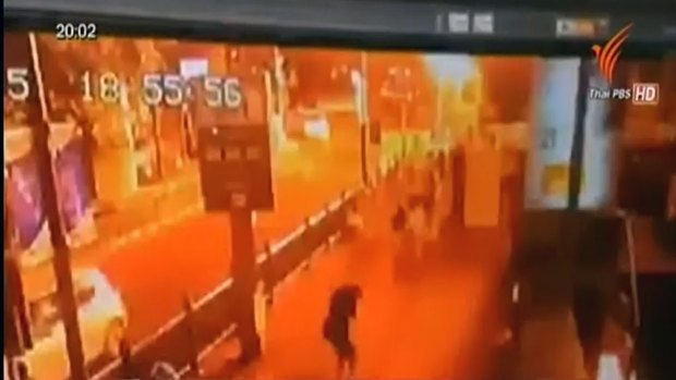 Fierce blast … This image taken from security footage provided by Thai Public Broadcasting Service shows the moment of an explosion in central Bangkok, Thailand. 