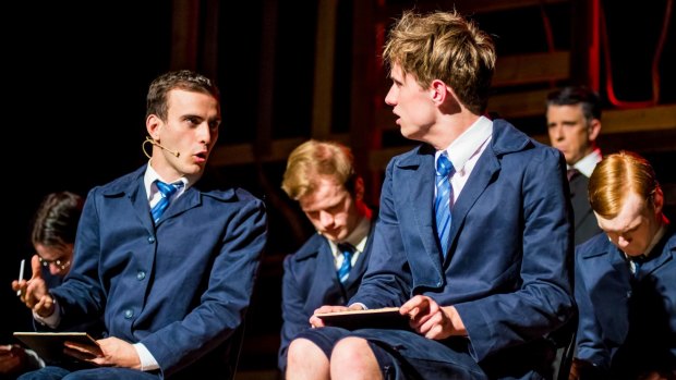 In <i>Spring Awakening</i>: Callum Bodman, left, as Melchior and Pip Carroll as Moritz in the foreground (in the background from left, ) Daniel Steer as Georg, Liam Downing as Otto, David Cannell as Adult Man and Jake Willis as Ernst).