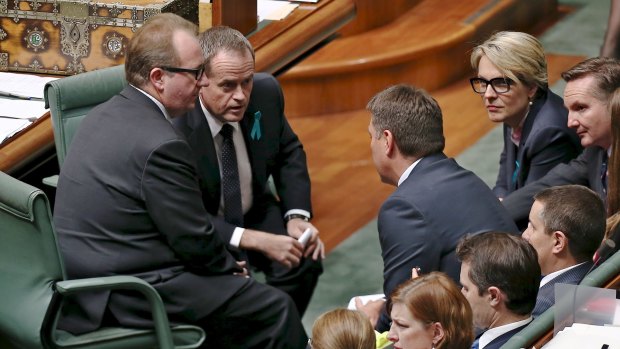 Labor MP David Feeney, Opposition Leader Bill Shorten, Shadow Immigration Minister Richard Marles and Deputy Opposition Leader Tanya Plibersek in discussion in the House of Representatives. 