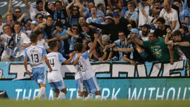 Big ticket: Sydney FC players celebrate their late winner against Newcastle, before taking on Wanderers this week.
