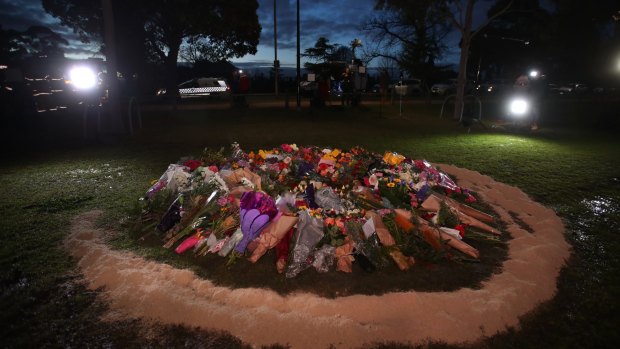 The make-shift memorial for Eurydice Dixon at Princes Park, Carlton.