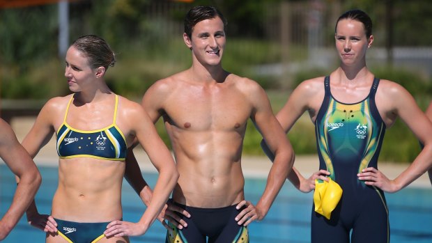 New suits:  Bronte Barrat, Cam McEvoy and Emma McKeon pose during the launch of the Olympic swim suits.
