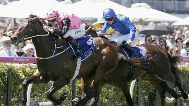 Tough to split: Flying Artie beats home Star Turn in the Coolmore Stud Stakes.