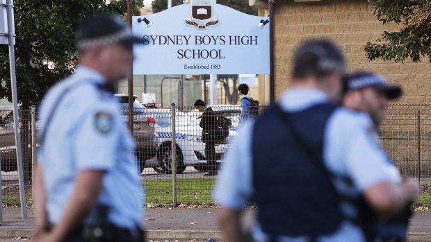 Police at Sydney Boys High School, where a suspicious man was seen.
