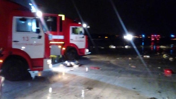 Russian emergency trucks near the scene of the plane crash at the Rostov-on-Don airport.