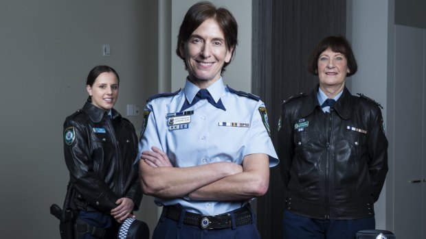 Junior officer Kayla Desvaux de Marigny (left), with Deputy Commissioner Cath Burn and Superintendent Doreen Cruickshank (right), the longest serving female officer in NSW.  