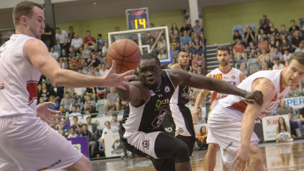 Illawarra's A.J. Ogilvy and Melbourne's Majok Majok both have their eyes on a loose ball.