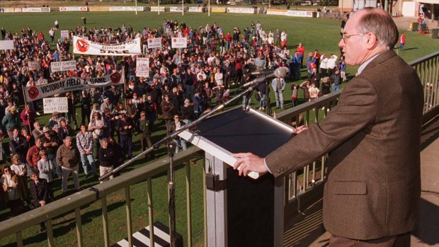 Then Prime Minister John Howard, body armour beneath his suit, addresses a rally opposing gun control laws in the wake of the 1996 Port Arthur massacre.  