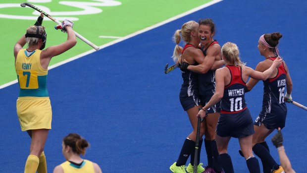 Oh, no: The United States celebrate one of their two goals against Australia.