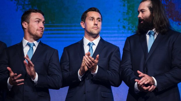 Playmaker: Mitchell Pearce (centre) will be given the task of steering the Blues team around the park.