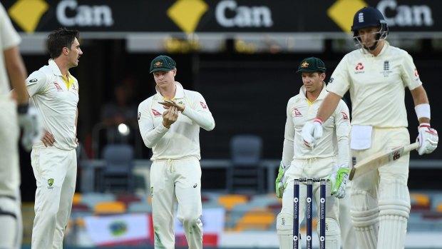 Australian captain Steve Smith asks for a review before England captain Joe Root was given out LBW.