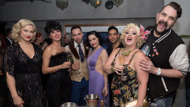 Unmissable: Dita Von Teese and her crew at Tatler in Sydney on Wednesday.