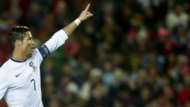 Cristiano Ronaldo gestures during the game against Armenia.