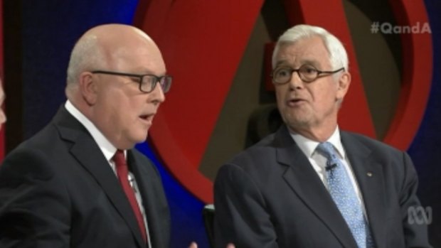 George Brandis spars with Julian Burnside, QC, about refugees.