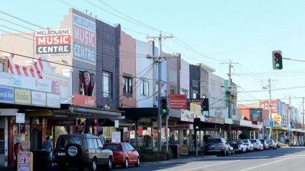 The low-rise shopping strip on North Road in Ormond, near the rail station.