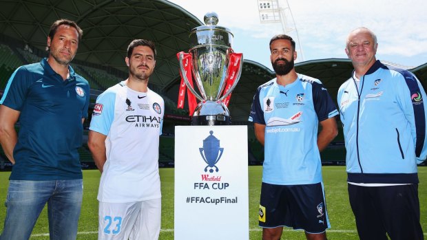 Eyes on the prize: (from left) City coach John van 't Schip and Bruno Fornaroli with Alex Brosque of Sydney FC and his coach Graham Arnold.