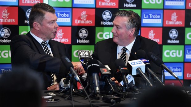 Collingwood President Eddie McGuire and CEO Gary Pert during a media conference where Gary Pert announced his resignation.