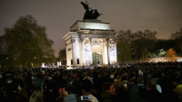 The gathering at Wellington Arch, London for the Anzac Day dawn service.