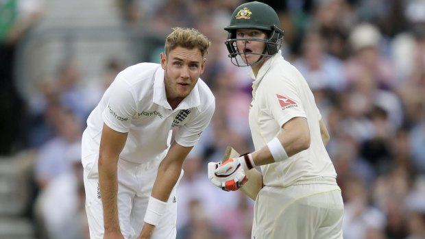 England's Stuart Broad and Australia's Steven Smith watch the ball.
