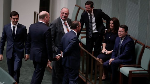 Trevor Evans, Trent Zimmerman, Warren Entsch, Tim Wilson, Simon Birmingham, Jane Hume and Dean Smith during the marriage amendment debate on Monday.