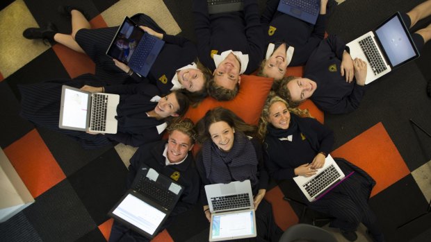 Students from Frankston High School getting ready for a new social innovation/entrepreneurship curriculum which is very Google-esque, with bean bags, laptops and couches. The program starts next term. Students in the photograph are Harriet, Lawson, Lauren, Ben, Lara, Clare, Matt and Tayler.