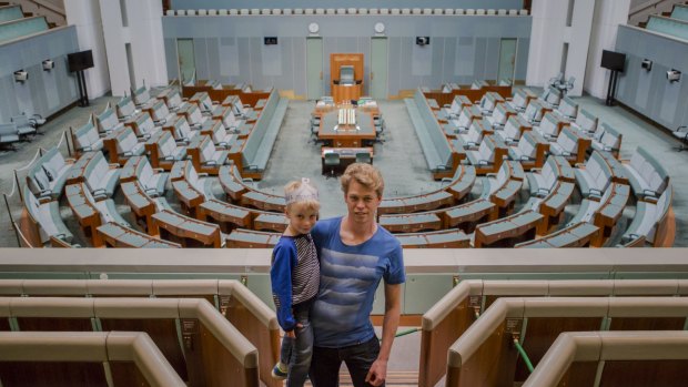 Xavier Gisz and son Alex in the House of Representatives on Saturday.