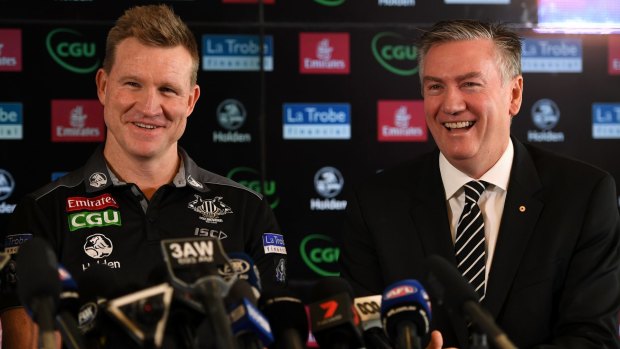 Nathan Buckley and Eddie McGuire were all smiles at Buckley's coaching reappointment press conference.