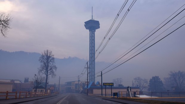 Smoke from wildfires fills the air around Gatlinburg, Tennessee.