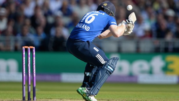 England captain Eoin Morgan is struck on the helmet by a ball from Mitchell Starc during the 5th one-day international between England and Australia at Old Trafford on Sunday. 
