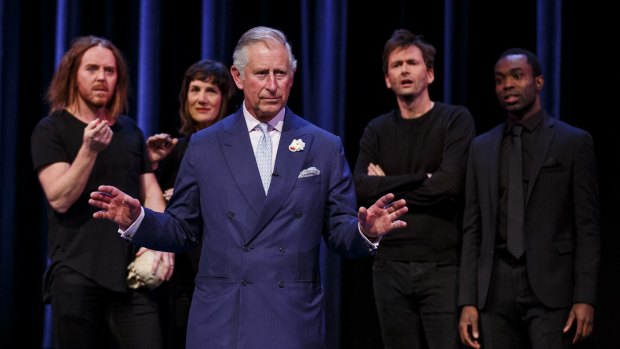 Prince Charles, Prince of Wales performs alongside Tim Minchin, Harriet Walter, David Tennant and Paapa Essiedu on stage as part of a special production of Shakespeare Live! from the RSC which marked the 400th anniversary of Shakespeare's death.