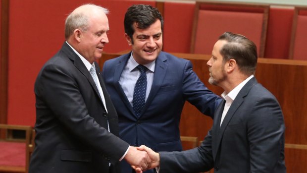 Greens senator Peter Wish-Wilson, born in Singapore is congratulated by Nationals senator John "Wacka" Williams and Iran-born ALP senator Sam Dastyari. 