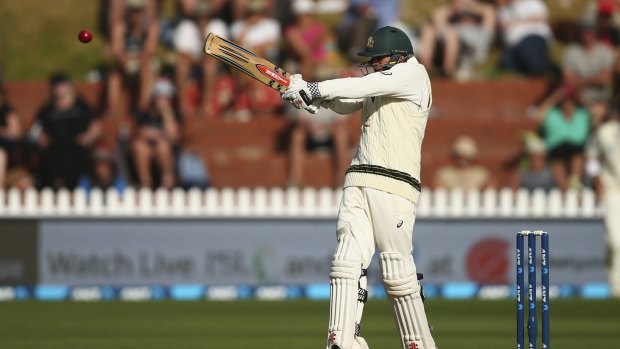 Usman Khawaja pulls on day one of the first Test at Basin Reserve, Wellington.