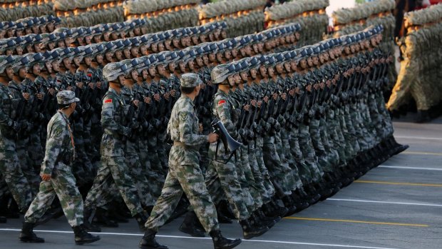 Chinese soldiers march into position ahead of a military parade commemorating the 70th anniversary of Japan's surrender during World War II held in front of Tiananmen Gate.