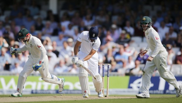 Alastair Cook is bowled by Nathan Lyon.
